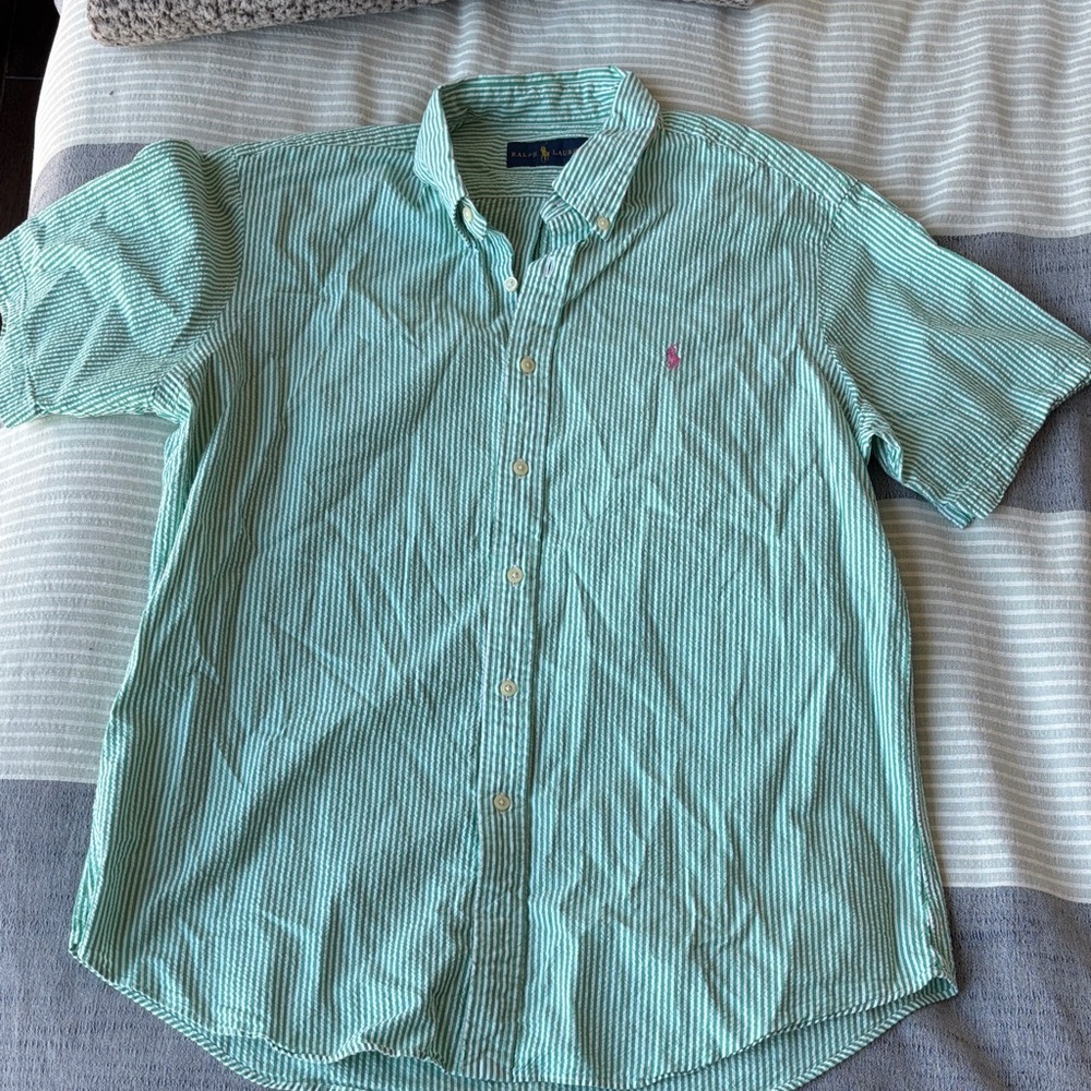 Ralph Lauren Green and White Striped Short-Sleeve Button-Down Shirt